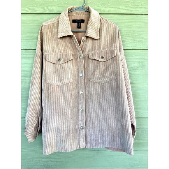 Forever 21 Pink Distressed Raw Hem Button Front Corduroy Oversized Shirt Jacket - Picture 2 of 6
